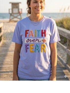 Handmade "Faith Over Fear Graphic T-Shirt | Lavender Gildan Heavy Cotton (Size M